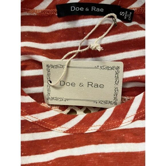 Doe & Rae S Fringe Orange Striped Short Sleeve Top T Shirt Blouse Pocket NWT - Picture 3 of 4